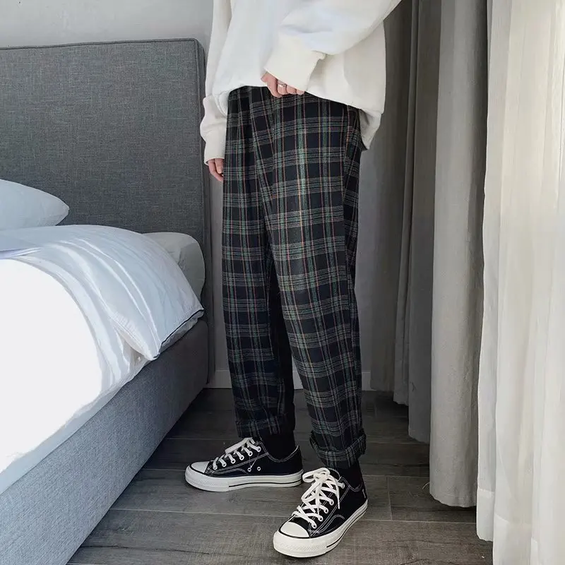 Spring Plaid Pants Men's Fashion Retro Drawstring Casual Pants Men Streetwear Wild Loose Hip Hop Straight Trousers Mens S-3XL Spring Plaid Pants Men's Fashion Retro Drawstring Casual Pants Men Streetwear Wild Loose Hip Hop Straight Trousers Mens S-3XL