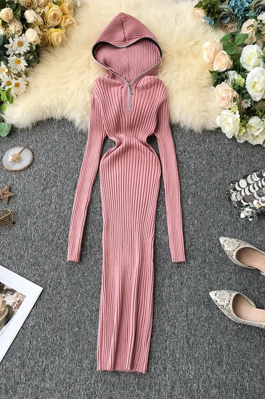ALPHALMODA платья для французских миноритарных осень зима дизайн с капюшоном на молнии чистый цвет пуловер облегающее шикарное вязаное платье-туника
