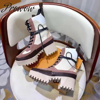 

Prowow New Beige Genuine Leather Sexy Platform Designer Women Boots Gladiator Lace Up Thick Heel Boots Winter Boots Botas Mujer