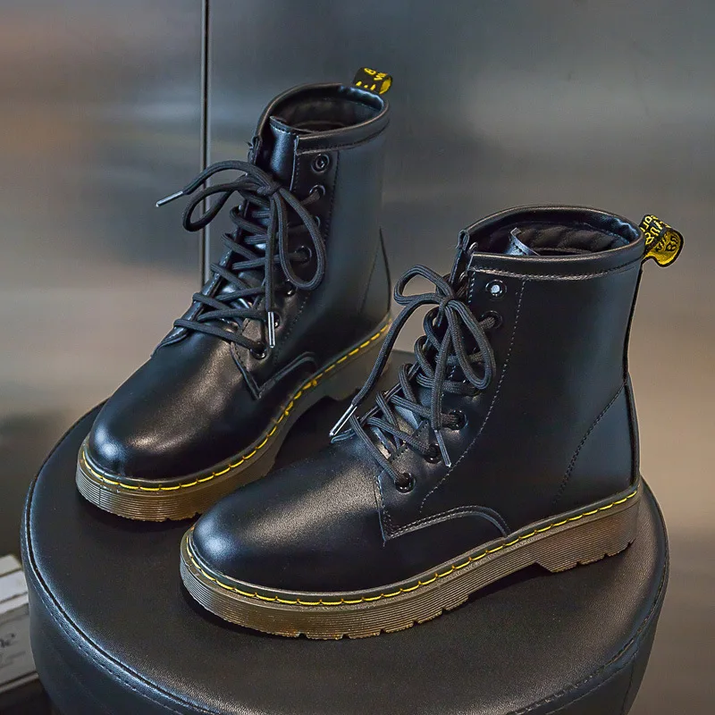 Botas con tacón cuadrado para mujer, zapatos de Martens a la moda, con cordones, de cuero blanco, para Primavera e Invierno