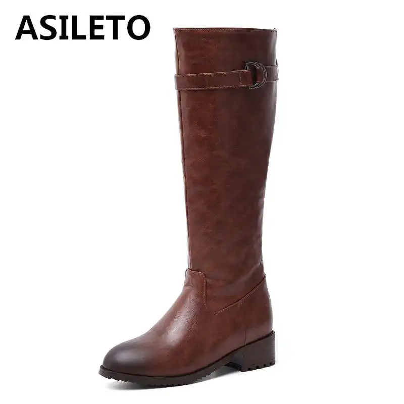 

ASILETO retro womens knee high boots zipper low heel buckle western cowboy booties autumn winter boots female size 34-46 bottine
