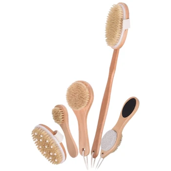 

Dry Skincare Brush-Removable Natural Bristle Brush with Non-Slip Long Wooden Handle, Back Scrubbing Detergent, Bamboo Bath, Exfo