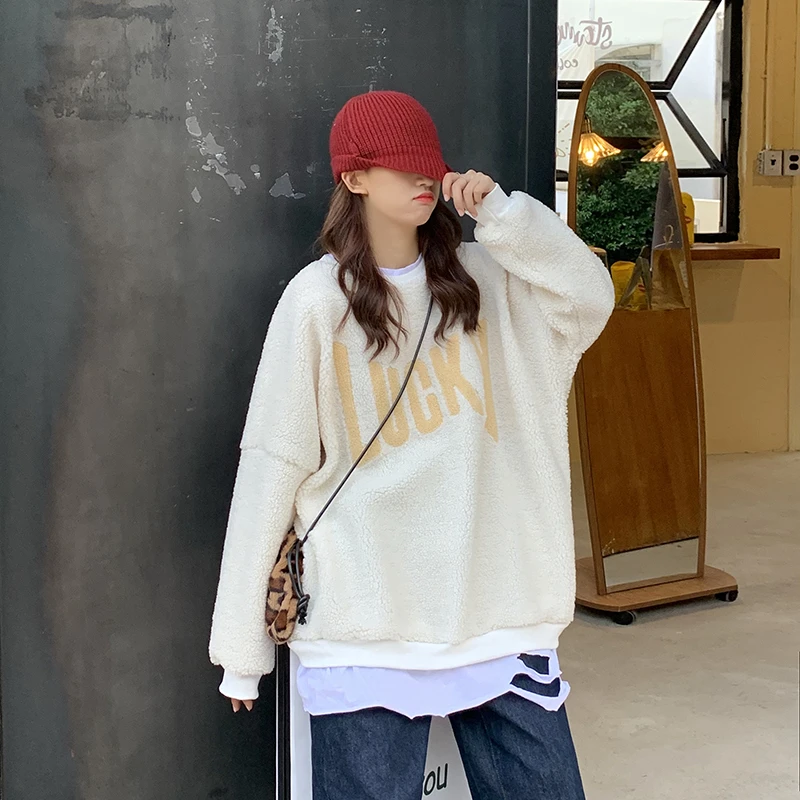 Поддельные двухсекционные Ulzzang из овечьей шерсти женские зимние новые корейские ins Harajuku винтажные свободные шикарные повседневные женские толстовки с надписью Lucky