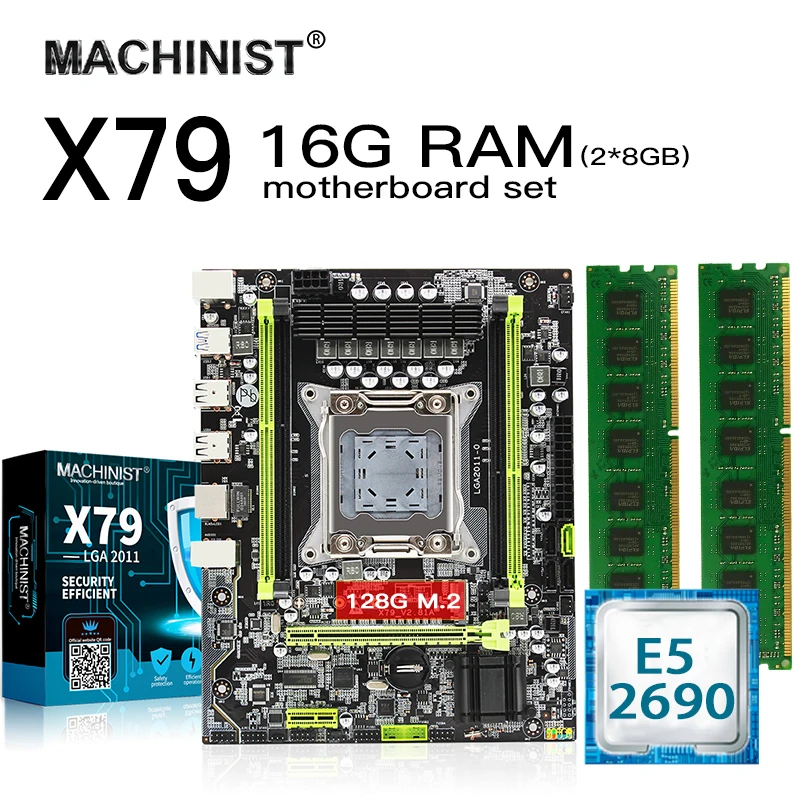 ^Cheap X79 motherboard set lga 2011 kit with Intel Xeon E5 2690 CPU 2*8GB（16GB） 1600MHz DDR3 ECC REG memory RAM MATX NVME M.2 128GB SSD