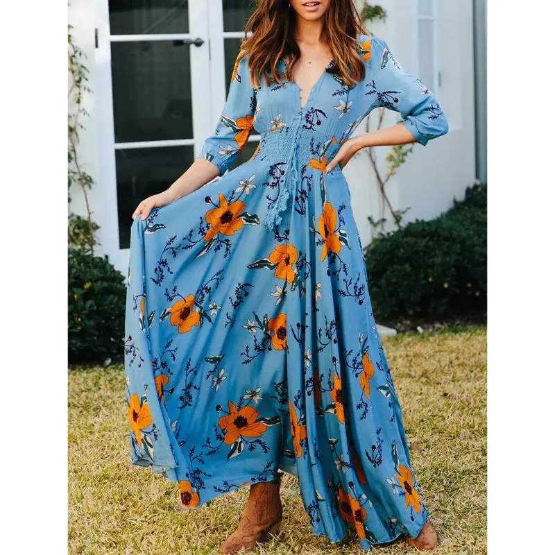 Для женщин богемные 3/4 рукава с сексуальным цветочным принтом с v-образным вырезом расклешенное длинное платье на шнурке Ленточки высокая посадка на пуговице вниз Пляжное платье