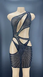 Flashing Silver Rhinestone Singel Shoulder Dress Women Dancer Transparent Dress Evening Birthday Celebrate Prom Dress YOUDU