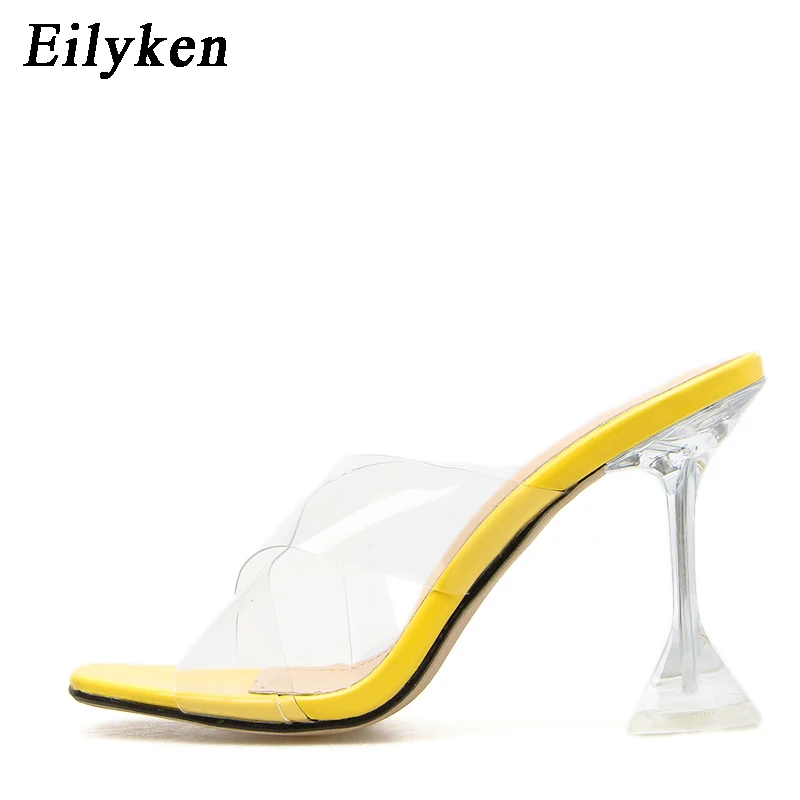 Yellow Eilyken/Большие размеры 35-42; прозрачные тапочки из ПВХ с квадратным открытым носком; Новинка; прозрачные шлепанцы на каблуке со стеклом; Размеры 35-42 - Цвет: Yellow