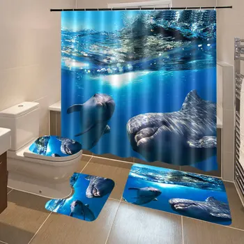 

4 Pcs Bathroom Underwater World Shower Curtain Mat Set Toilet Cover 180X180CM Shower Curtain Toilet Seat Covers Home Decor