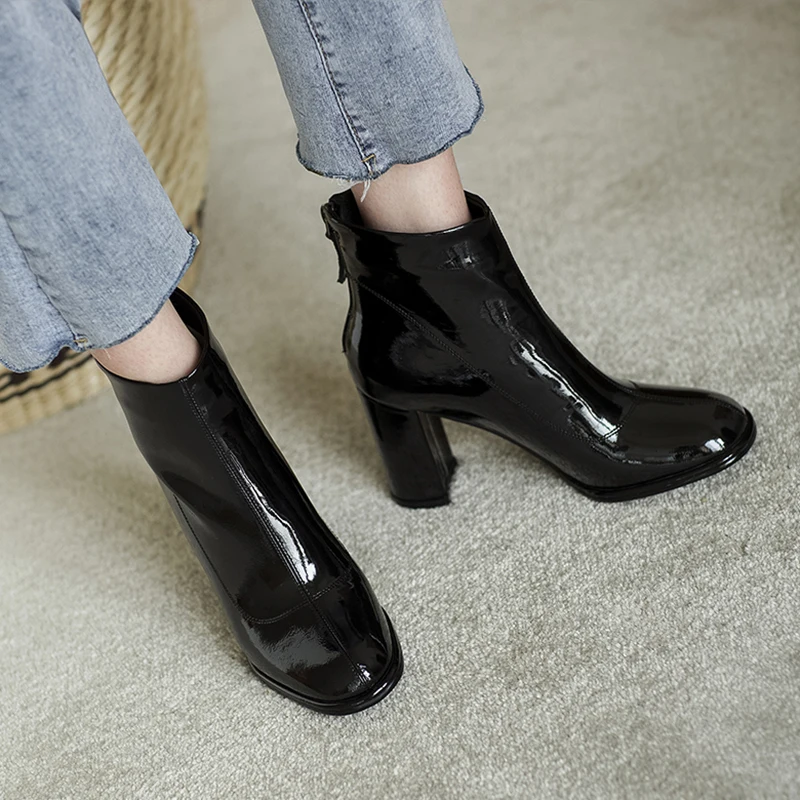

Cow Patent Leather Ankle Boots for Women Round Toe Back Zipper Woman High Heels Winter Boots Warm Short Plush Ladies Boots