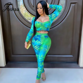 

Joskaa fall Printed Lace Trim full Sleeve sexy low neck high waist trousers casual sports suit outfits women's two-piece Set