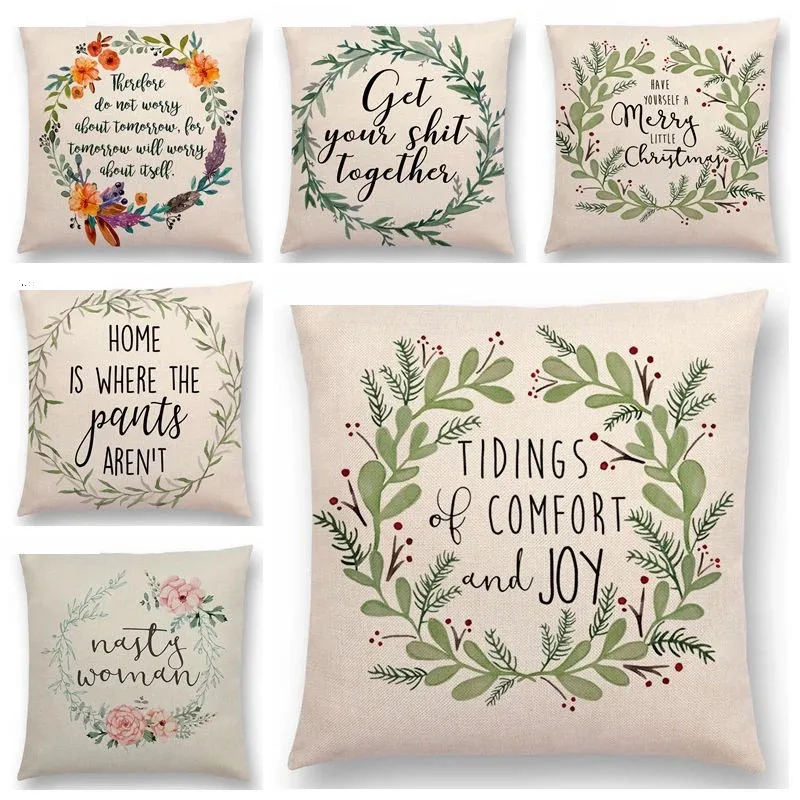 Newest Flowers Leaf Decorative Letters Throw Pillow Case Warm Words Floral Pattern Love Cushion Covers case