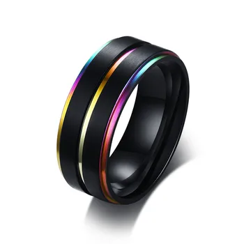 

TF-191 Black Stainless Steel Basic Ring for Men With Rainbow Line Classic Male Wedding Band Multi Color Jewelry Fraternal Ring