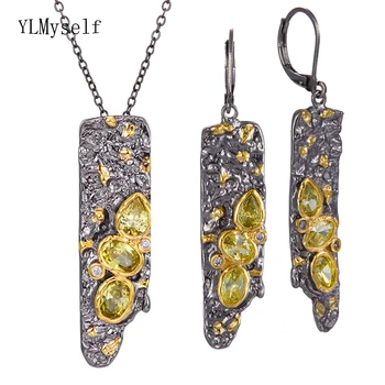 

Irregular shape Rock Pendant Earrings Sets for Women Lt Olivine CZ Necklace Sets Jewelry Suspension 2 pcs set