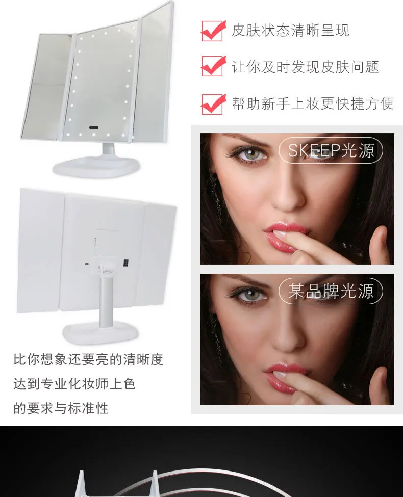 New Products Desktop Three Fold Makeup Mirror Human Body Sensing Makeup Mirror Metal Textured Makeup Mirror LED Mirror Lamp