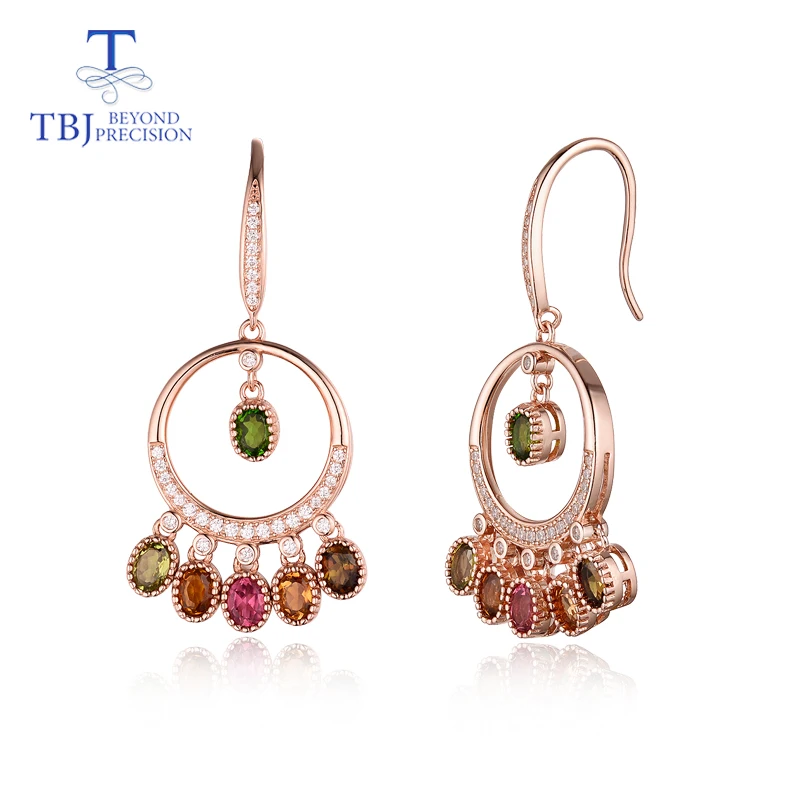 TBJ,High quality natural multi-color tourmaline 925 sterling silver hook earring for girl birthday party or daily wear nice gift