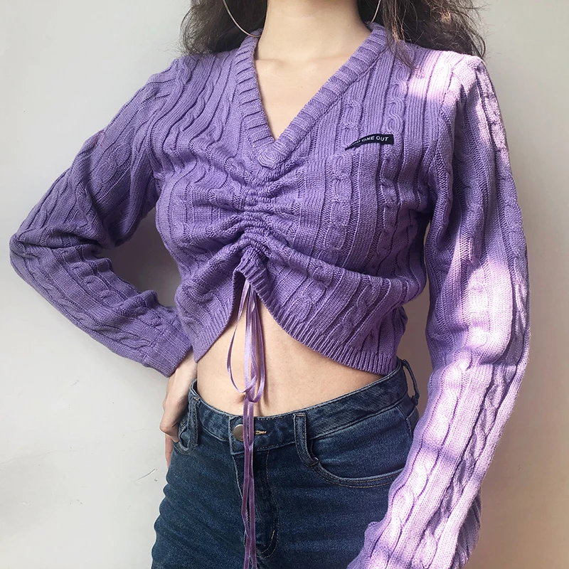 Women V Neck Drawstring Cable Knit Jumper Crop Knit Pullover