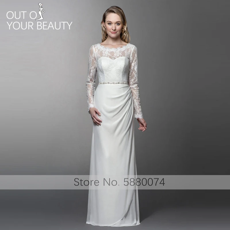 

Wedding Dress 2020 New White O-Neck Lace Back Split Sexy Applique Embroidered Waist Crystal Pleat Elegant Floor-length Robe