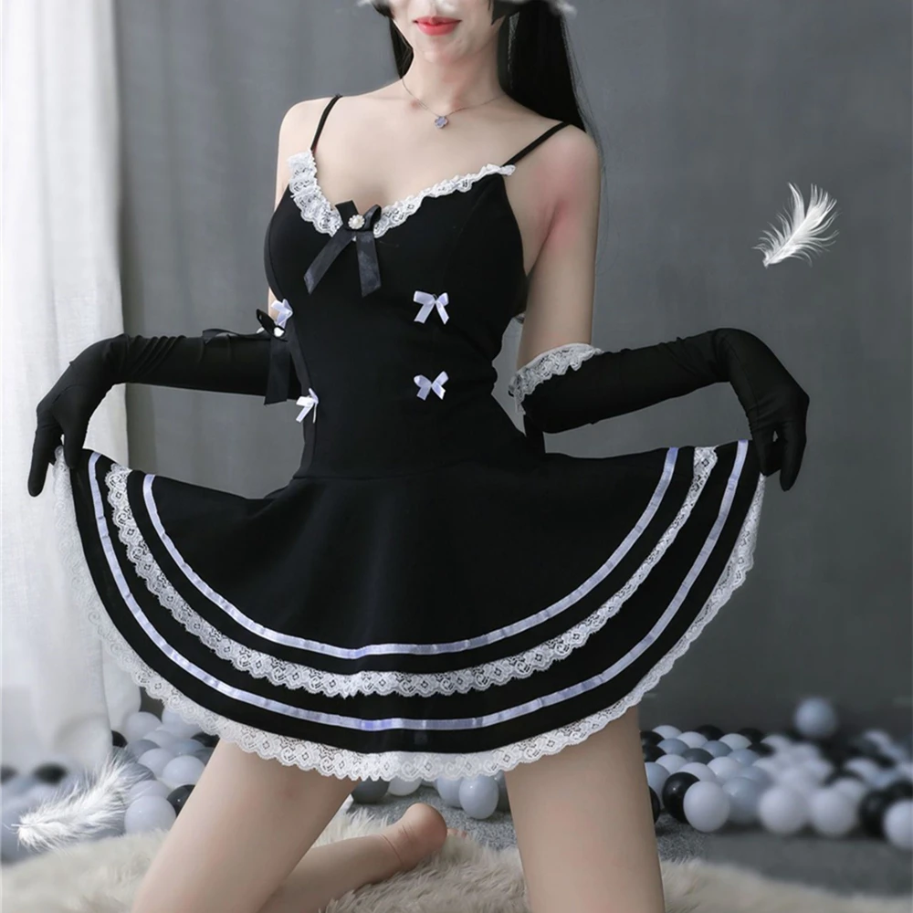 Frauen Anime Cosplay Französisch Maid Schürze Kostüm Nachtwäsche Dessous Schwarz 