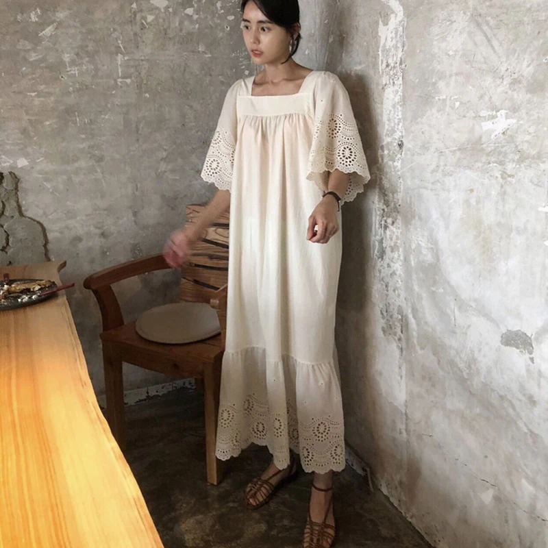 Embroidery Straight Dress Women Hollow Out Cotton Vintage Summer Long Maxi Dress Plus Size Loose Square Neck Flare Sleeve Dress