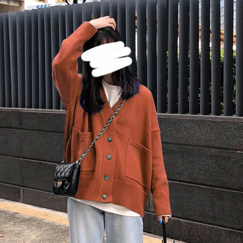 rust red cardigan Neploe корейский винтажный свитер женский v-образный вырез однобортный Кардиган пальто осень плюс размер трикотажная верхняя одежда Повседневный модный топ - Цвет: rust red cardigan