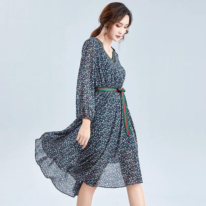 V-neck Floral Chiffon Long Dress Brand Women's 2019 Autumn New Slim Tie with Irregular Skirt