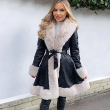 2021 Side Pockets Jackets Women Fashion PU Leather Tie Belt Waist Long Coats Women Elegant Solid Faux Fur Jackets Female Ladies