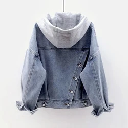 Blue Deconstructable Hooded Turn-down Collar Denim Jacket Women Loose Button Patchwork Outwear Large Size Jean Coat Female Blue Deconstructable Hooded Turn-down Collar Denim Jacket Women Loose Button Patchwork Outwear Large Size Jean Coat Female