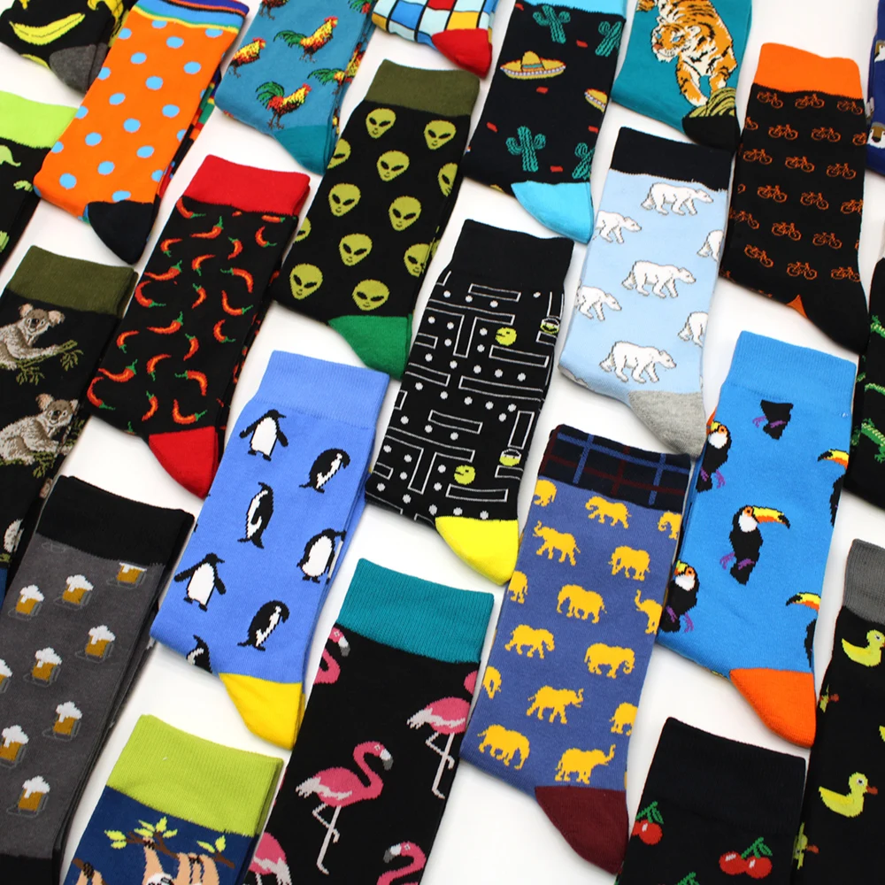 2021 New Hiphop Cotton Men Socks Harajuku Happy Funny animal Flamingo penguin chili Dress Socks for Male Wedding Christmas Gift