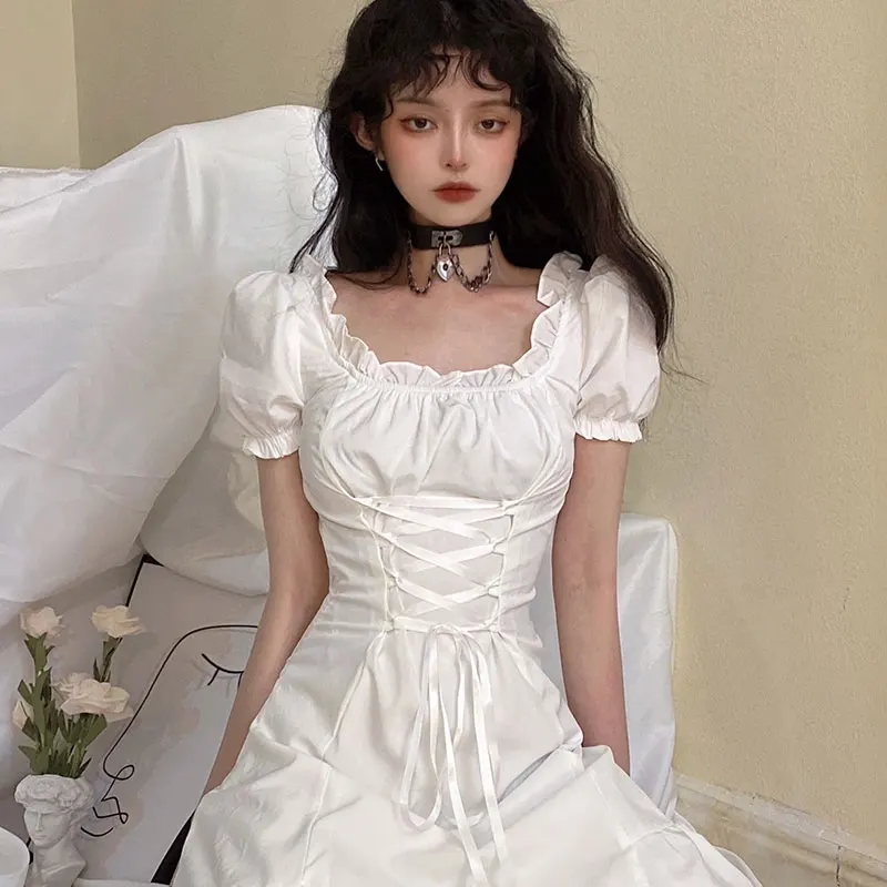 Korean Harajuku Summer New Ghost Horse Dresses Vintage Square Collar Bandage Bow Puff Sleeve Sweety Ruffle Preppy Style | Женская одежда
