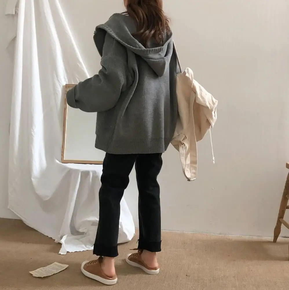 Women Autumn Winter Casual Zipper Hooded Cardigans Plus Size Solid Knitted Coat Loose Pockets Thick Sweater