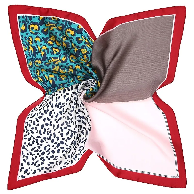 

Matagorda New Design 53cm Grid Splicing Leopard Grain Color Woman Scarf Little Kerchief Hi-Q Imitated Silk Scarves Neckerchief