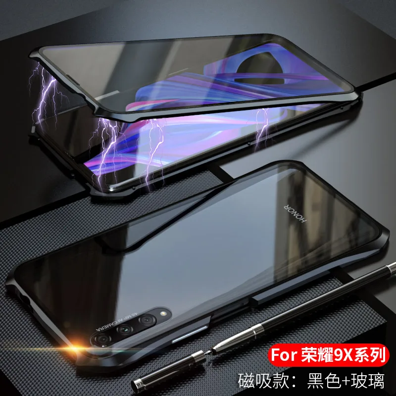 Для huawei Honor 9X Pro Магнитный чехол 360 Передний+ задний двухсторонний чехол из закаленного стекла для huawei Honor 9X металлический чехол - Цвет: black