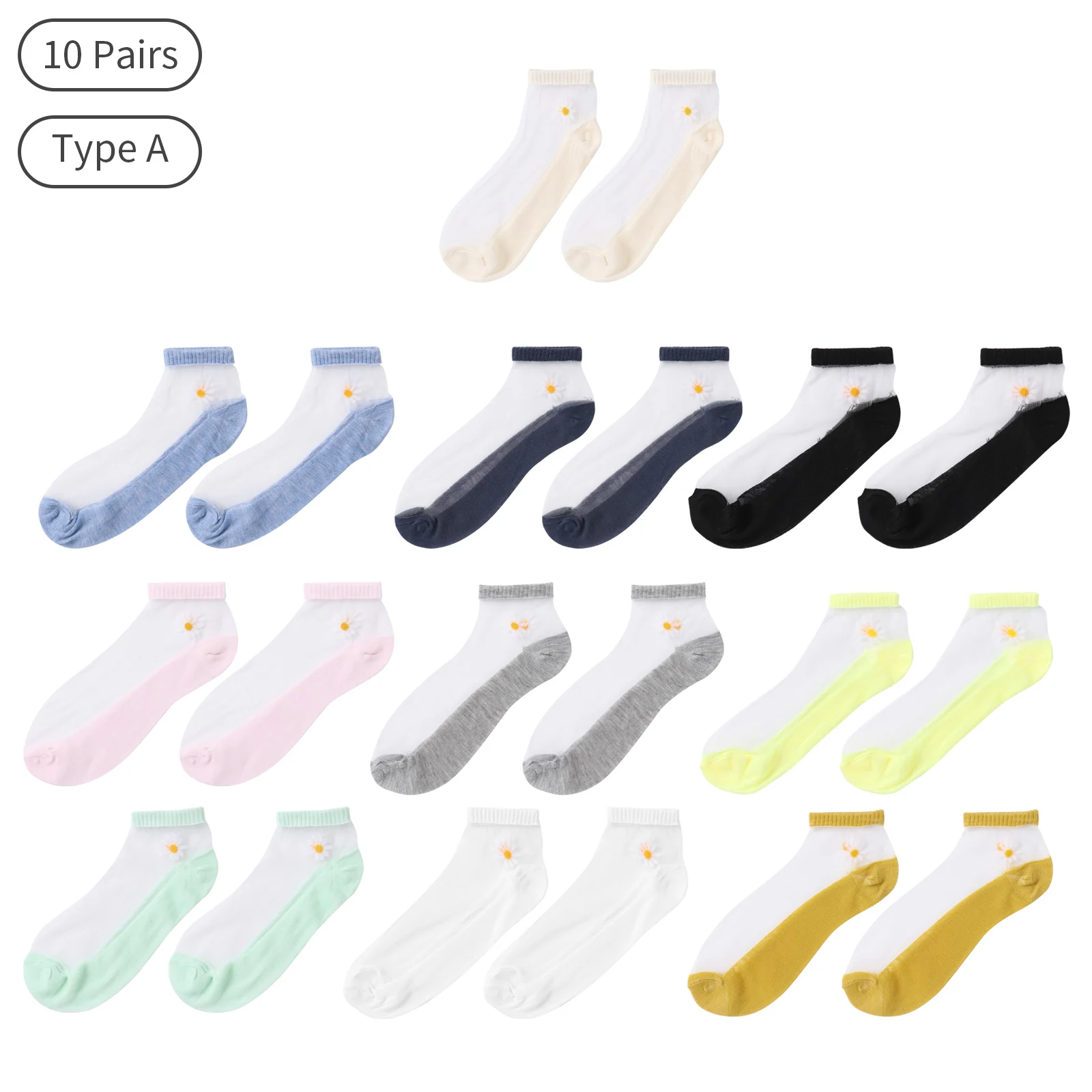

10 Pairs Korea Style Women Cute Socks Embroidery Daisi Socks Cotton Socks Non-slip invisible Socks Summer Mesh Ankle Boat Socks