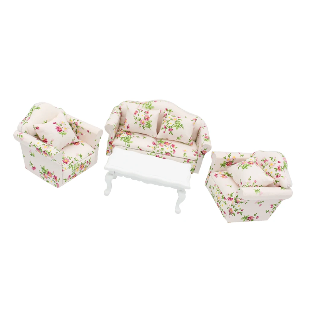 Doll's House Miniatures Living Room Furniture Set Floral Sofa Couch End Table Kits 1:12
