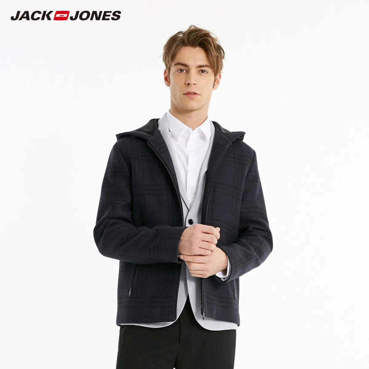 JackJones осень и зима мужское деловое шерстяное клетчатое пальто с капюшоном | 219127507 - Цвет: MIDNIGHT