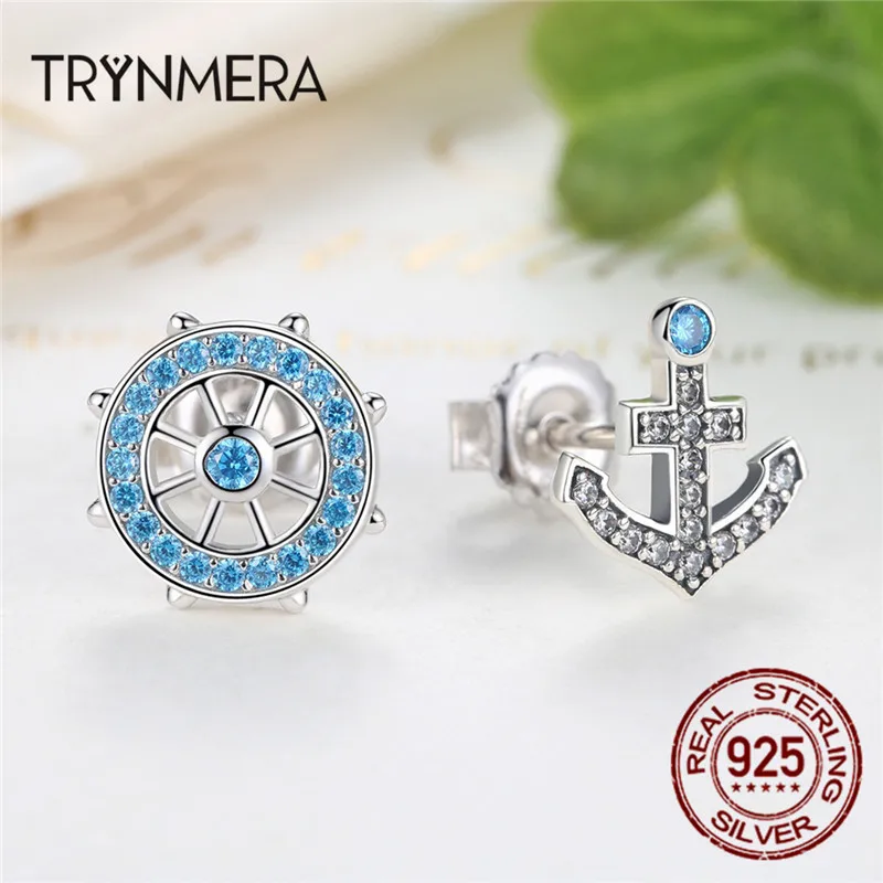 Trynmera 925 Серебряный якорь и руль синие кристаллы серьги-гвоздики для женщин Мода Лодка элемент ювелирных изделий TE082