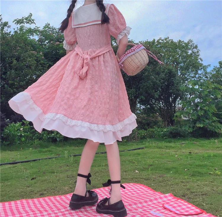 Japanese Preppy Style Sweet Soft Girl Dress Peter Pan Collar Cherry Vintage Puff Sleeve Dress Kawaii Ruffles Cute Girly Dresses