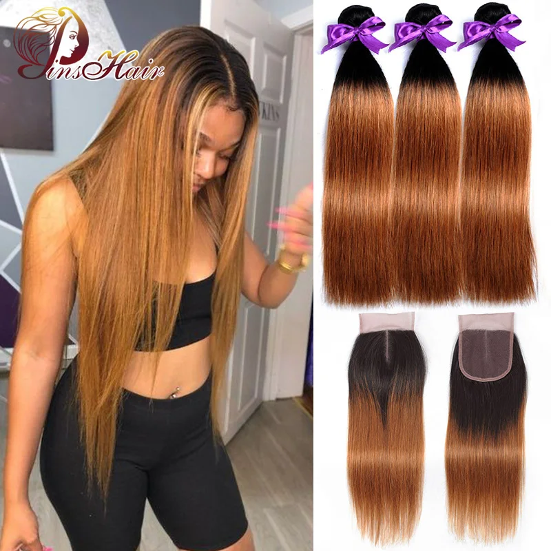 Rubio miel mechones con cierre pelo peruano recto Ombre 3 mechones con cierre 1B 30 de la armadura del pelo humano de Pinshair pelo Remy