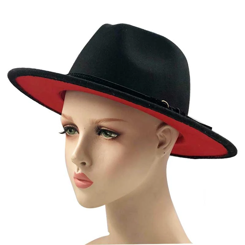 

Black Red Patchwork Wool Felt Jazz Fedora Hats Belt Buckle Decor Women Unisex Wide Brim Panama Trilby Cowboy Cap Sunhat