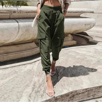 

S 5XL ZANZEA Solid Cargo Pants Palazzo Spring Fashoin Work Turnip Pants Women Casual Zipper Overalls Trousers Pantalons Female