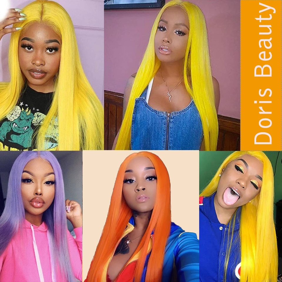 Doris Beauty Synthetic Long Straight Blonde Purple Orange Wig for Women Natural Middle Part Cosplay Wig