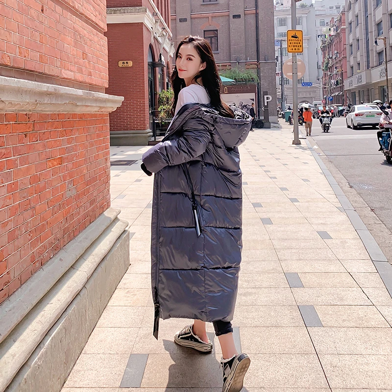 Abrigos mujer invierno Глянцевая зимняя куртка для женщин X-long parkas хлопок с капюшоном тонкий женский пуховик Новое Женское теплое пальто