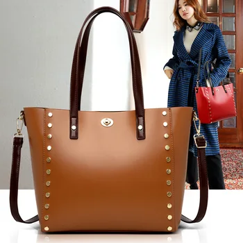 

2020 New Style WOMEN'S Fashion Handbag Oil Wax Leather Large-Volume Tote Bag Europe And America One-Shoulder Handbag