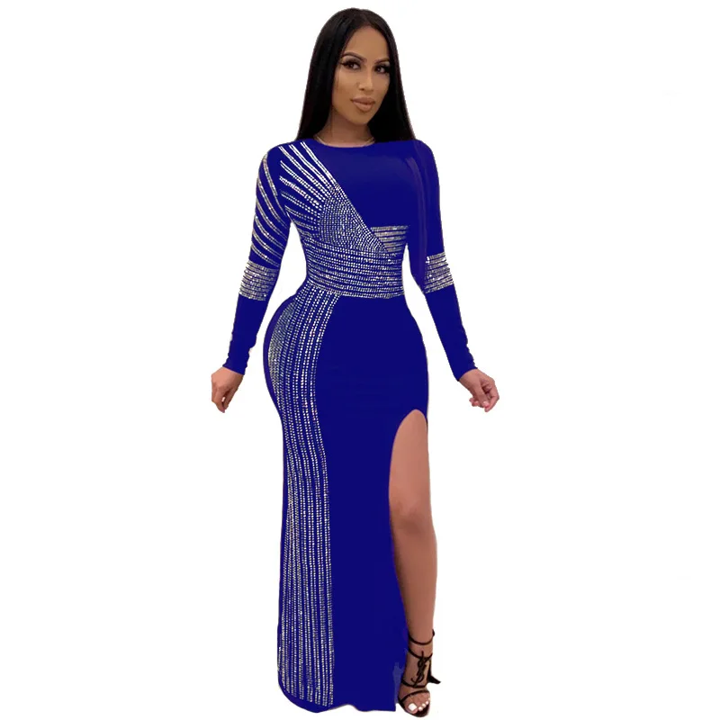 

Women's Crystal Rhinestone Maxi Dress 2020 Spring Fashion Long Sleeve Bodycon Dress Ladies Sexy High Split Party Dresses S-2XL