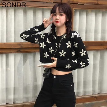 

Black Knitted Sweater Cardigan Tops Women 2020 Summer Korean Floral Short Thin Sweater Vintage White Chrysanthemum Women Clothes