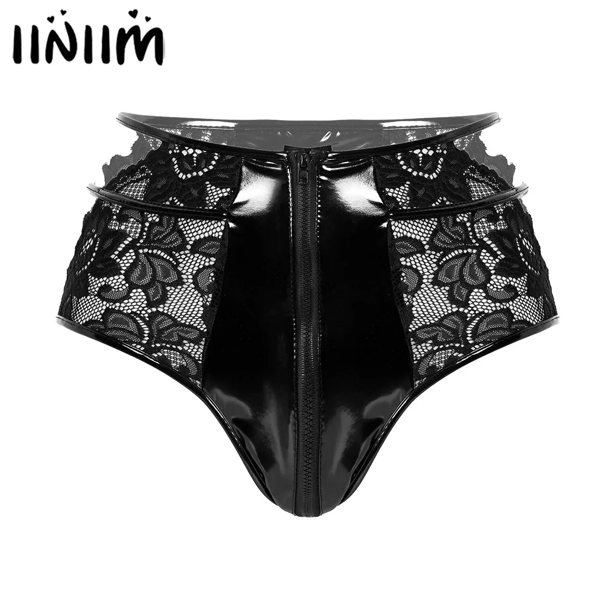 Culotte Ajourée En Dentelle Pour Femmes, Sexy, Taille Haute, En Cuir, Look Mouillé, Sous