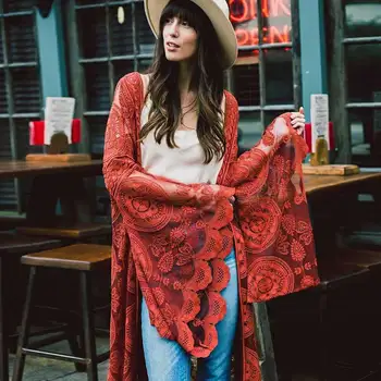 

GypsyLady Beach Tunic Blouse Shirt Batwing Sleeve Long Kimono Sleeve Wrap Tied Lace Hem Plus Size Women Holiday Tops Blusas