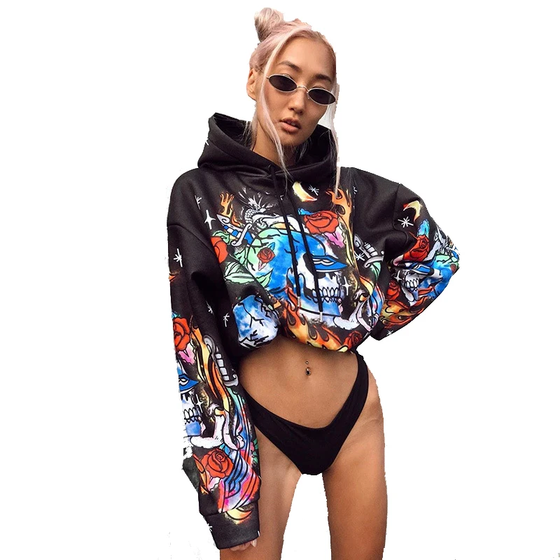 Sweatshirt Hoodies Streetwear Women Pullover Clothing Autumn Winter Digital Printing White Black Hooded Loose Female Top Leisure