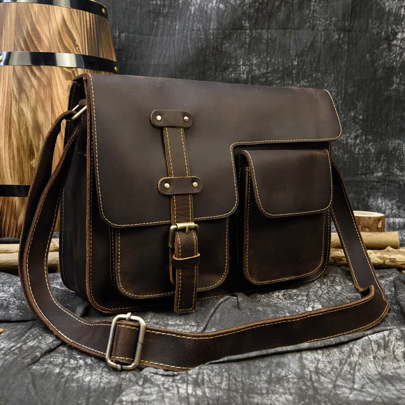 Luufan Mens Vintage Crazy Horse Leather Messenger Bag Genuine Leather Shoulder Bag With Big