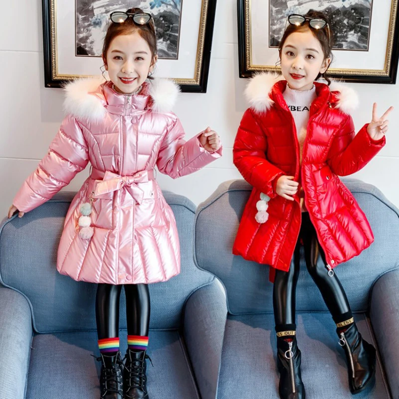 

Girls Clothing Winter Jacket 2021 New Fashion Cotton Zippers Clothes Children Bright Thicken Parka Cotton Overcoat Faux Fur Coat